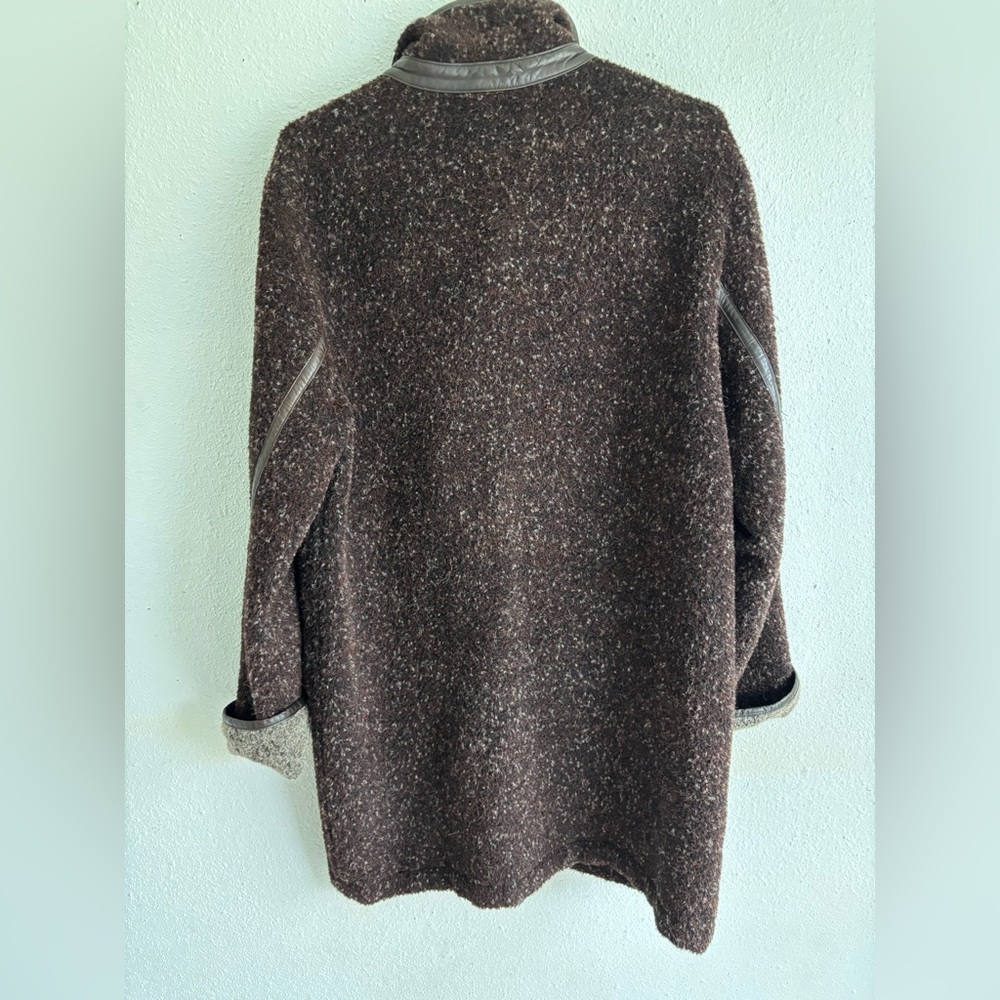 Vintage Made In Japan Women's Brown Wool Leather Trim Coat L - Picture 2 of 9